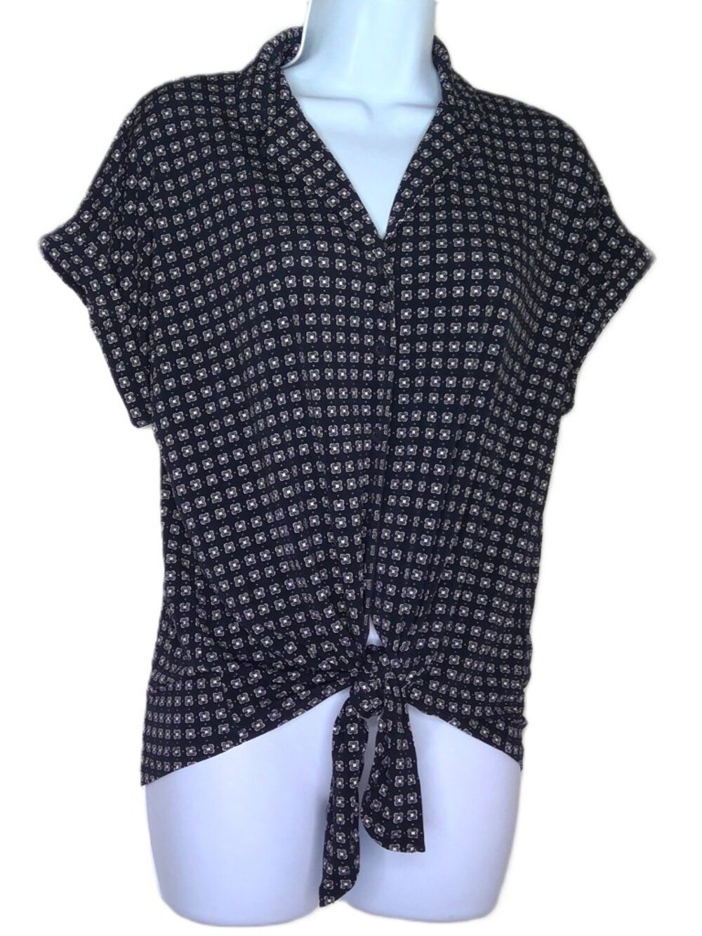 Adrianna Papell Short Sleeve Top Stretch W /Tie Black  White Clover Quatrefoil M